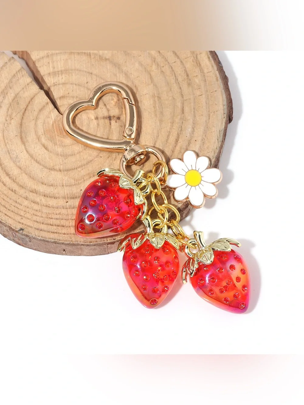 Gold Heart Strawberry Charm Keychain - Red